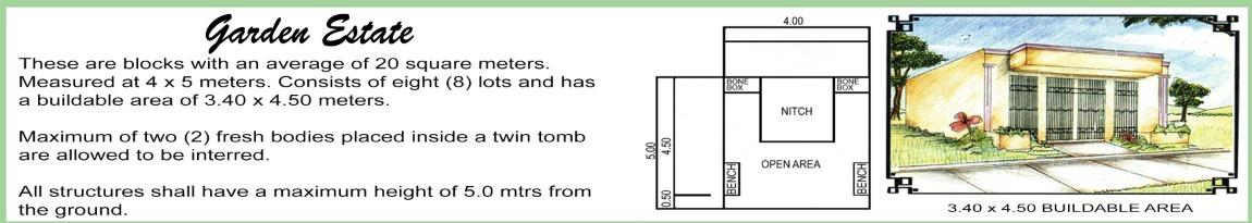 Garden Estate architectural illustration and lot plan showing 3.40 by 4.50 meter buildable area