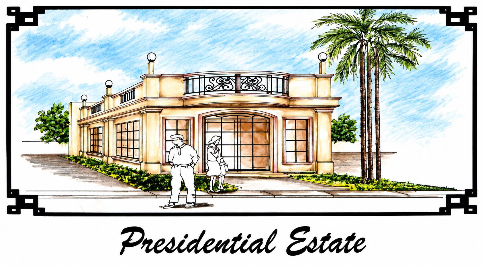 Presidential Estate architectural concept board with floor plan, front elevation, 5.00 by 8.50 meter buildable area, and specifications